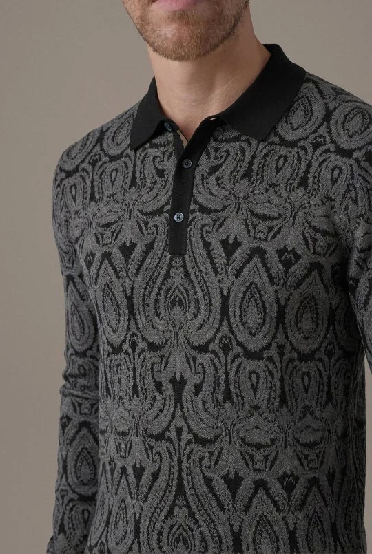 Extrafine Merino Paisley Desen Siyah Polo Triko