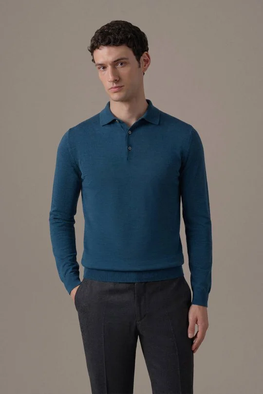 Extrafine Merino Petrol Mavisi 3 Düğme Polo Triko