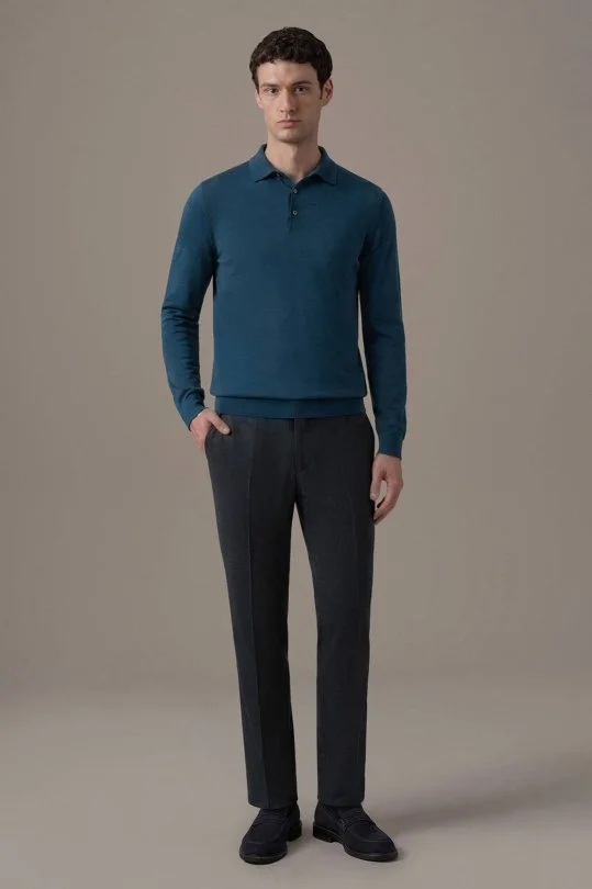 Extrafine Merino Petrol Mavisi 3 Düğme Polo Triko