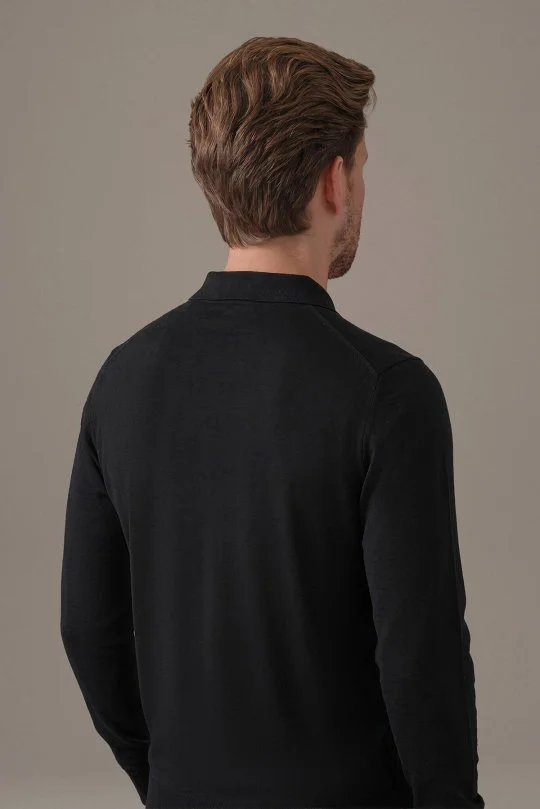 Extrafine Merino Polo Yaka Siyah Triko