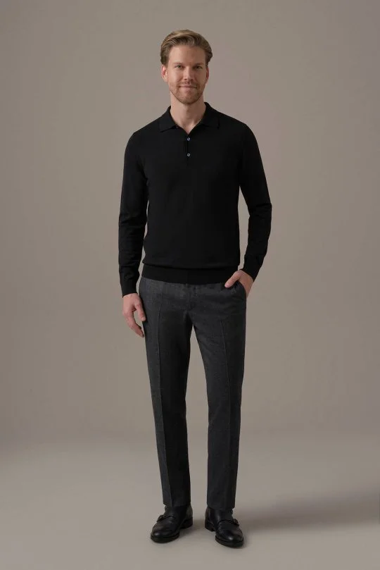 Extrafine Merino Polo Yaka Siyah Triko