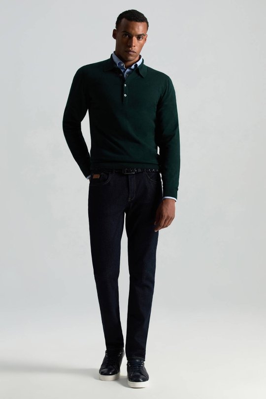 Extrafine Merino Polo Yaka Zümrüt Yeşili Triko