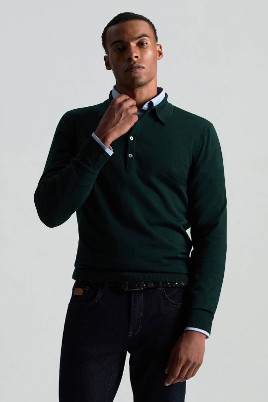 Extrafine Merino Polo Yaka Zümrüt Yeşili Triko