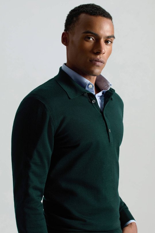 Extrafine Merino Polo Yaka Zümrüt Yeşili Triko