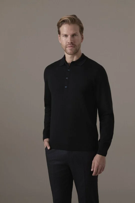 Extrafine Merino Siyah 3 Düğme Polo Triko