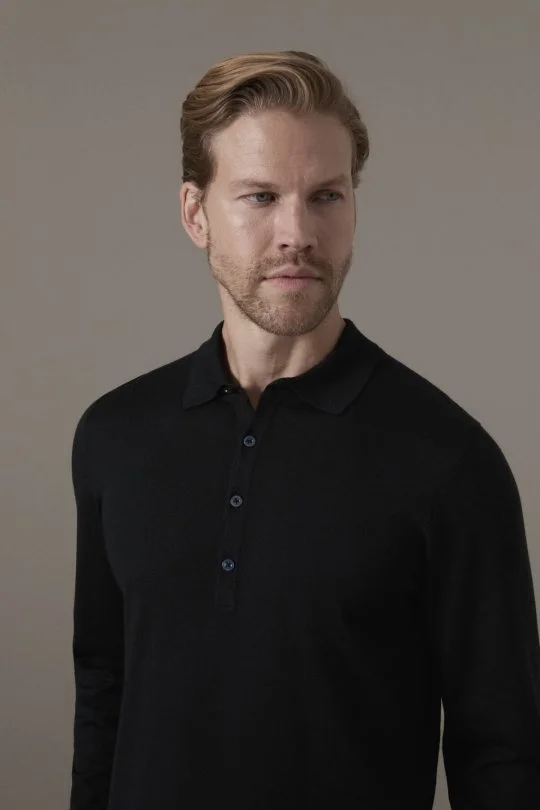 Extrafine Merino Siyah 3 Düğme Polo Triko