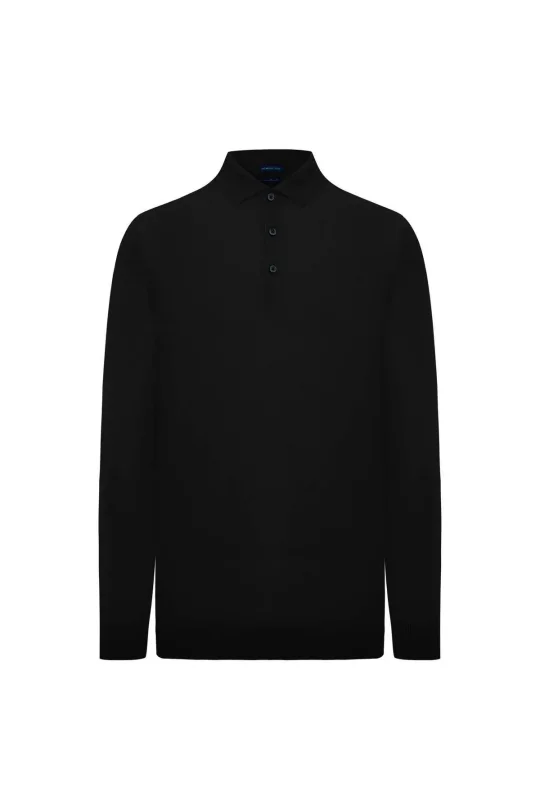 Extrafine Merino Siyah 3 Düğme Polo Triko