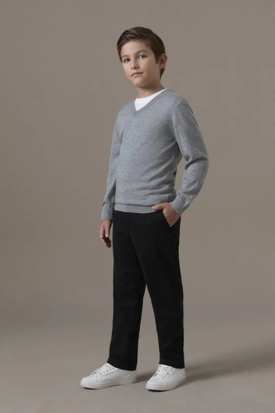 Extrafine Merino V Yaka Açık Gri Çocuk Triko