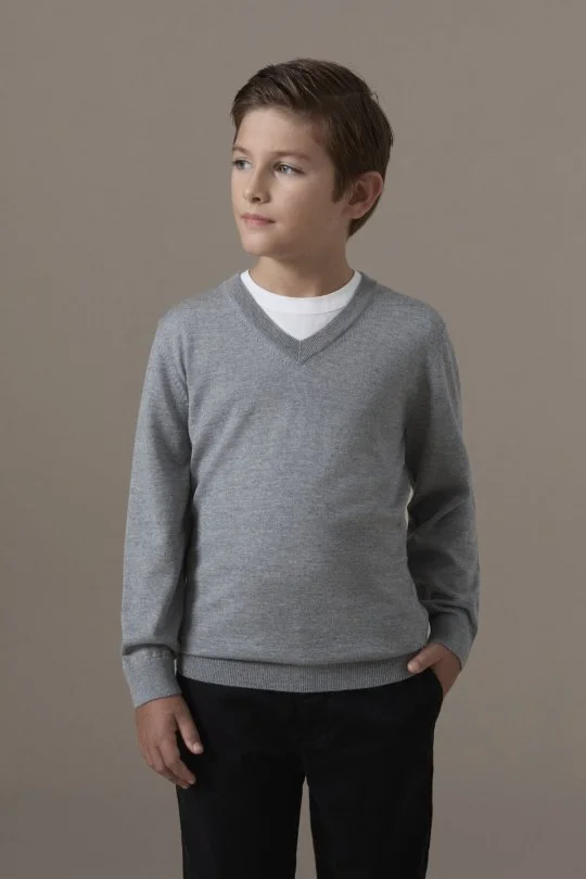 Extrafine Merino V Yaka Açık Gri Çocuk Triko