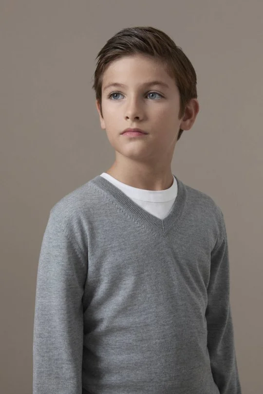 Extrafine Merino V Yaka Açık Gri Çocuk Triko