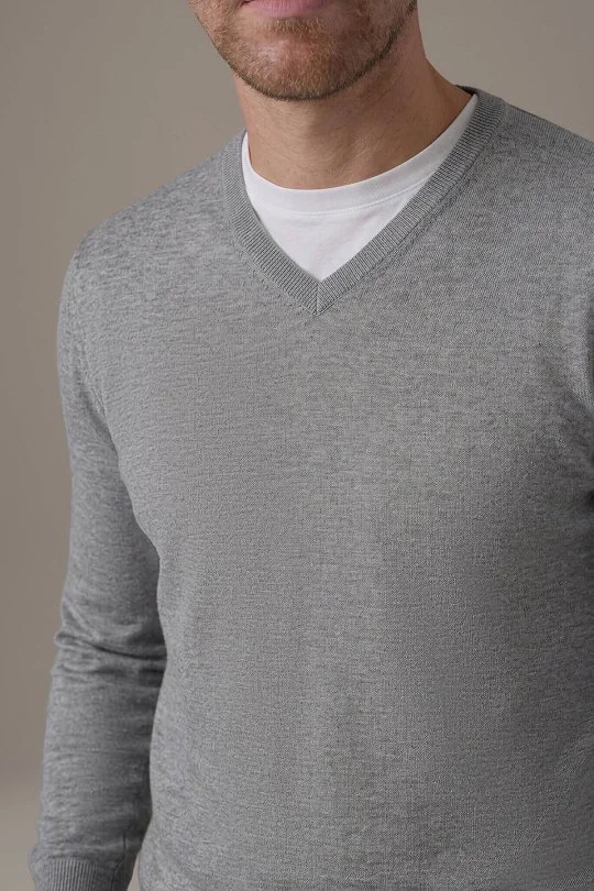 Extrafine Merino V Yaka Açık Gri Triko
