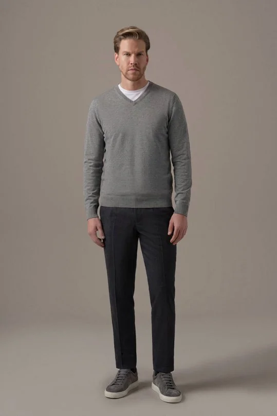Extrafine Merino V Yaka Açık Gri Triko