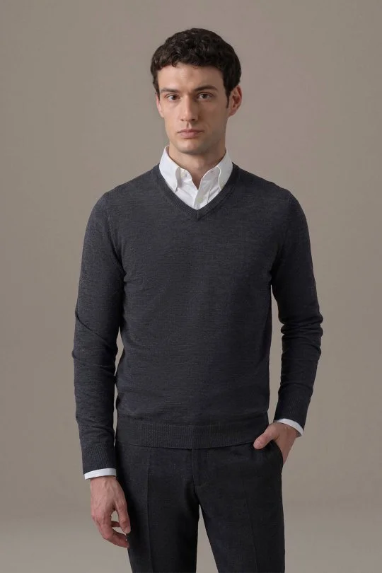 Extrafine Merino V Yaka Antrasit Triko