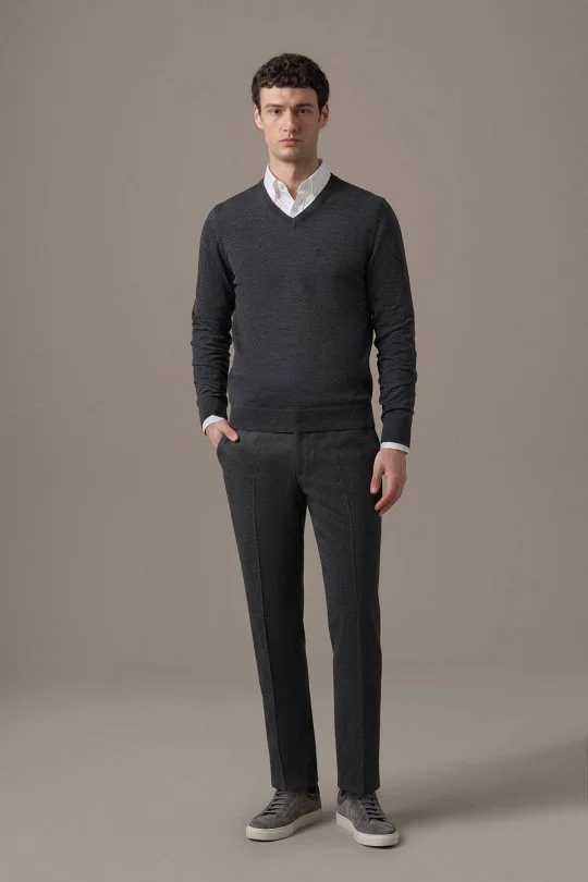 Extrafine Merino V Yaka Antrasit Triko