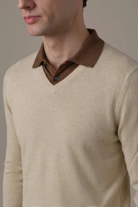 Extrafine Merino V Yaka Bej Triko