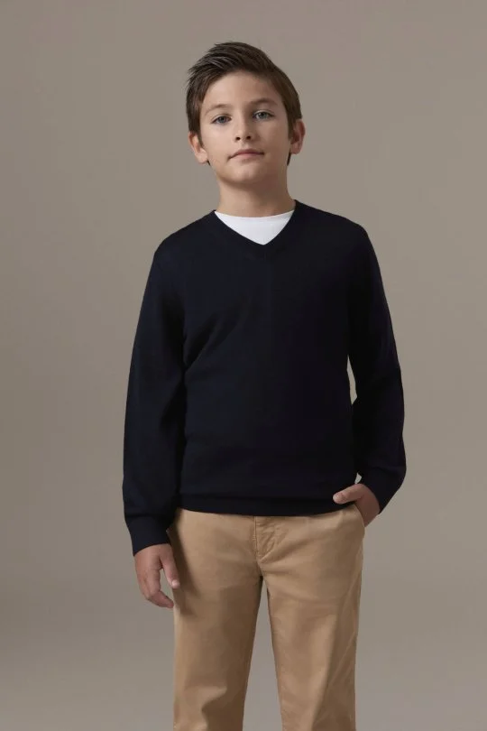 Extrafine Merino V Yaka Lacivert Çocuk Triko