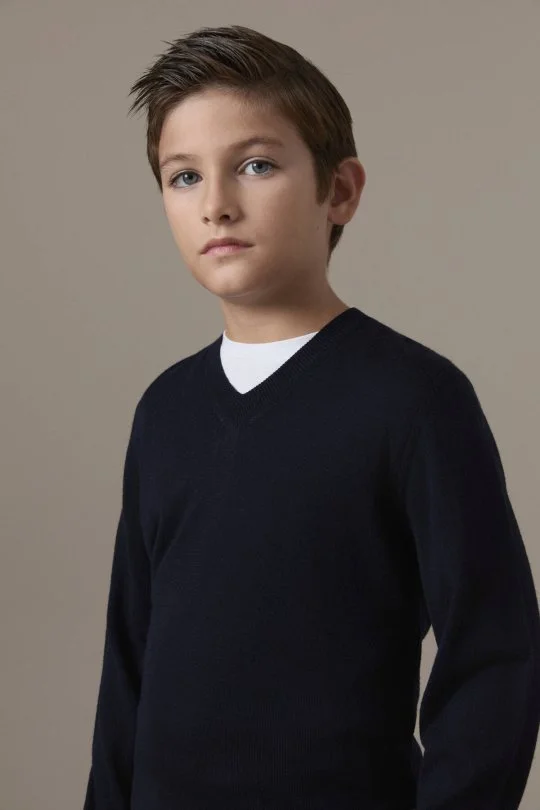 Extrafine Merino V Yaka Lacivert Çocuk Triko