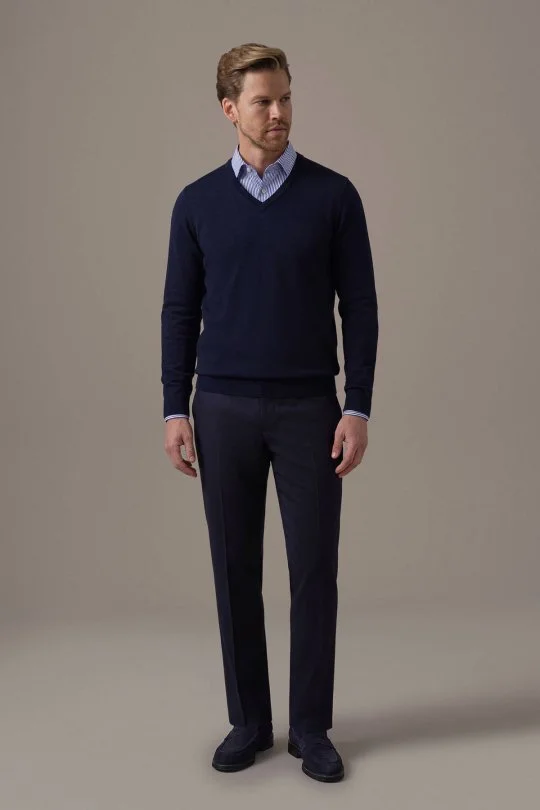 Extrafine Merino V Yaka Lacivert Triko