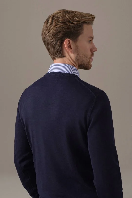 Extrafine Merino V Yaka Lacivert Triko