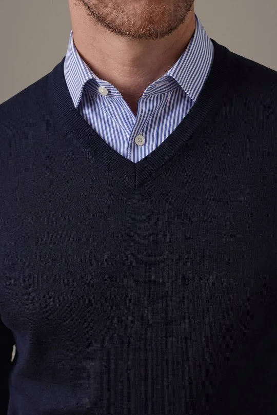 Extrafine Merino V Yaka Lacivert Triko