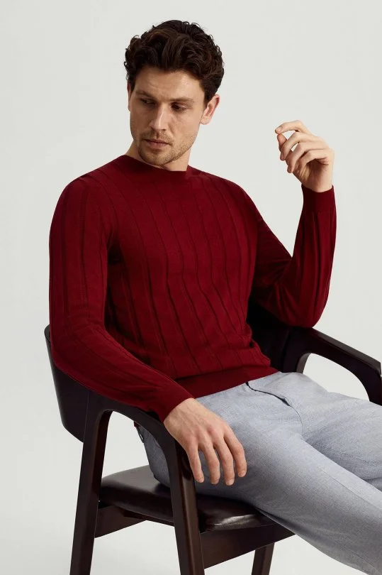 Hemington - Extrafine Merino Yün-Pamuk Karışım Desenli Bordo Triko (1)