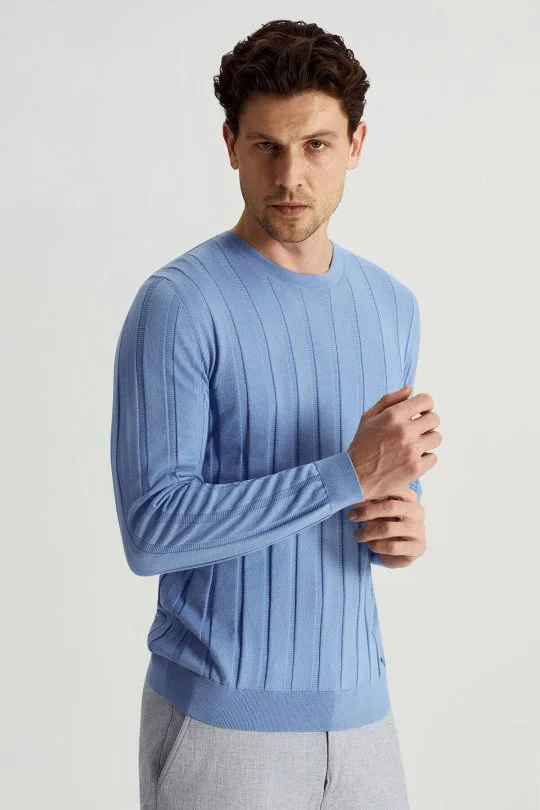 Hemington - Extrafine Merino Yün-Pamuk Karışım Desenli Mavi Triko (4)