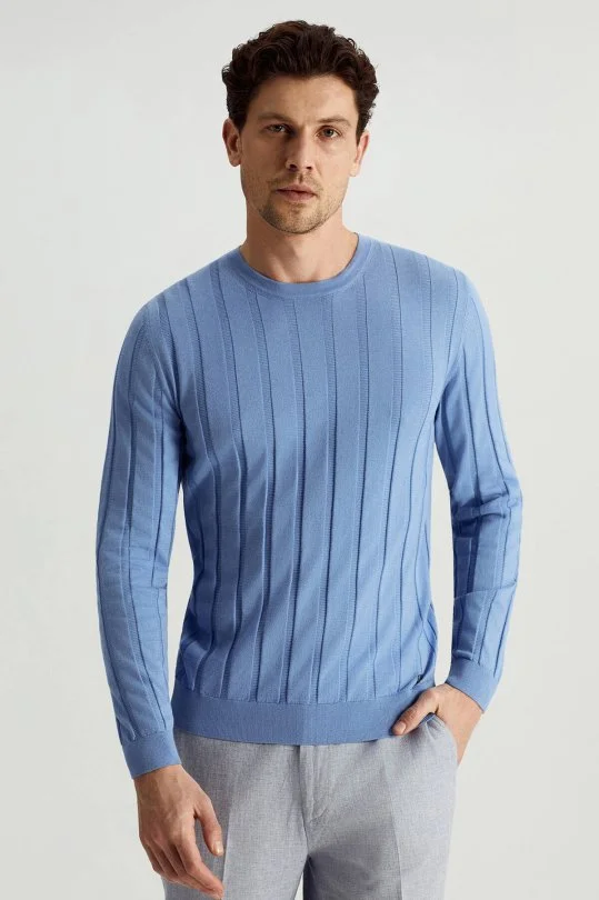 Hemington - Extrafine Merino Yün-Pamuk Karışım Desenli Mavi Triko (1)