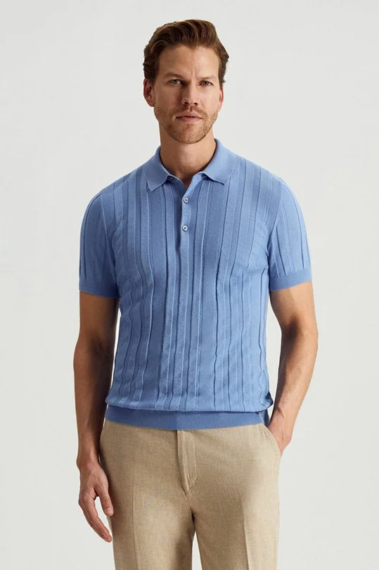 Hemington - Extrafine Merino Yün-Pamuk Karışım Üç Düğme Mavi Triko Polo (1)