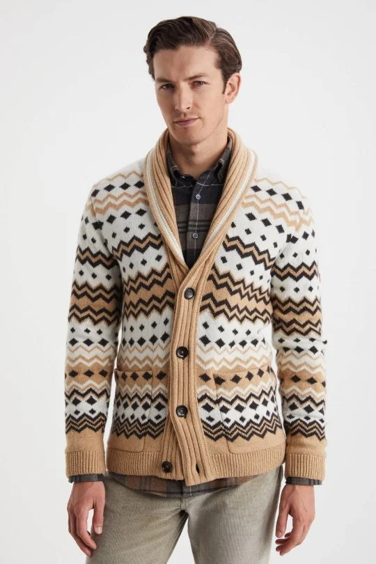 Hemington - Fair Isle Desen Kaşmir Yün Karışım Camel Hırka (1)