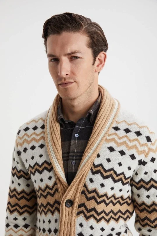Hemington - Fair Isle Desen Kaşmir Yün Karışım Camel Hırka (4)