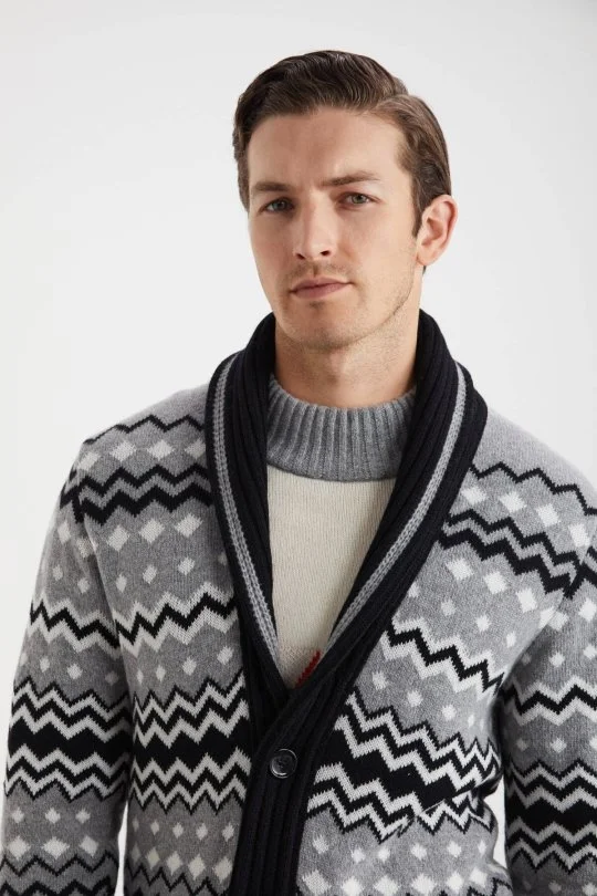 Hemington - Fair Isle Desen Kaşmir Yün Karışım Siyah Hırka