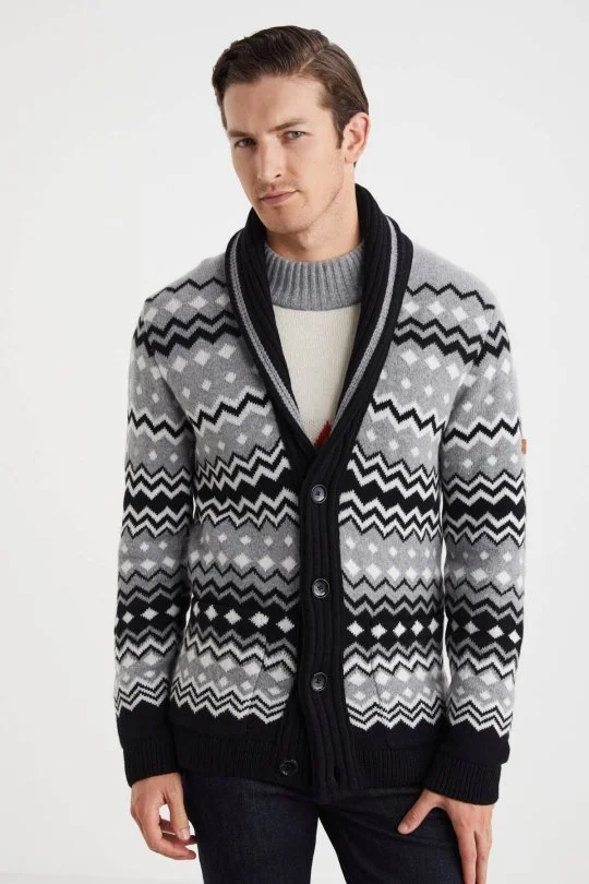 Hemington - Fair Isle Desen Kaşmir Yün Karışım Siyah Hırka (2)