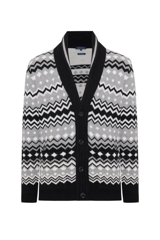Hemington - Fair Isle Desen Kaşmir Yün Karışım Siyah Hırka (6)