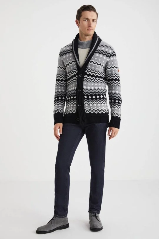 Hemington - Fair Isle Desen Kaşmir Yün Karışım Siyah Hırka (1)