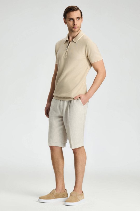 Fermuar Detaylı Bej Merserize Pamuk Triko Polo
