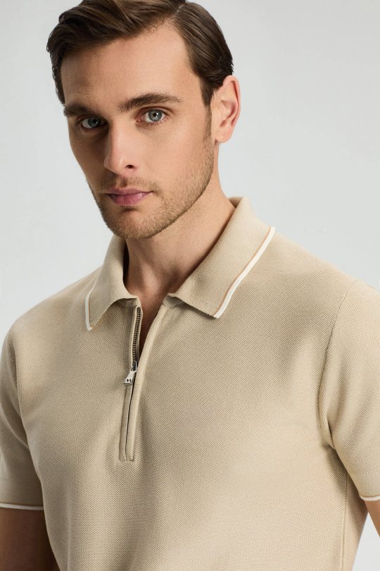 Fermuar Detaylı Bej Merserize Pamuk Triko Polo