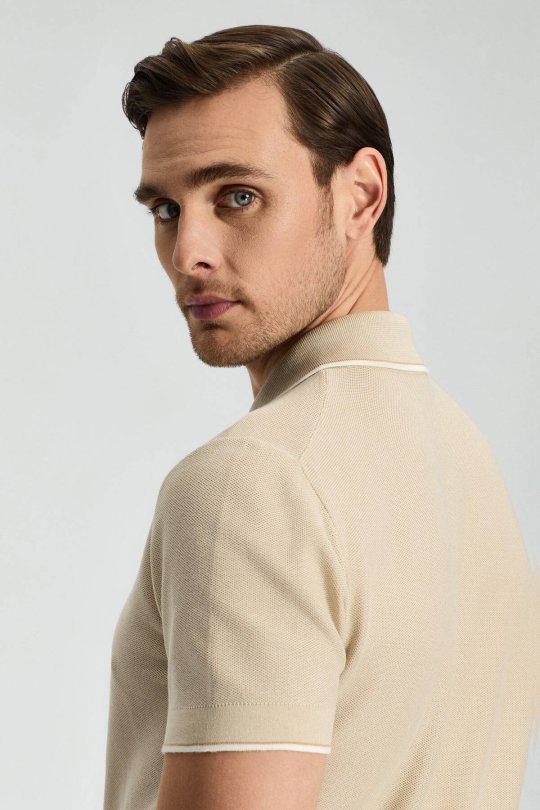 Fermuar Detaylı Bej Merserize Pamuk Triko Polo