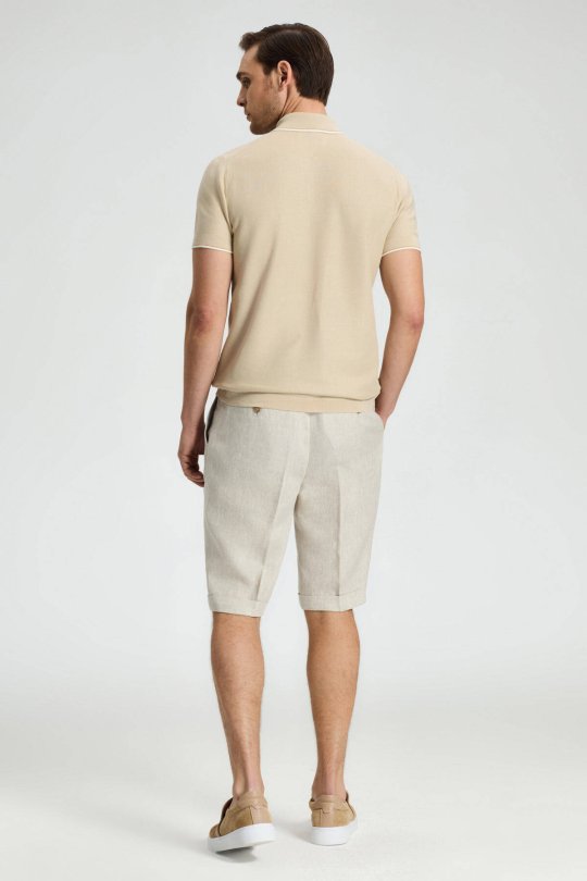 Fermuar Detaylı Bej Merserize Pamuk Triko Polo