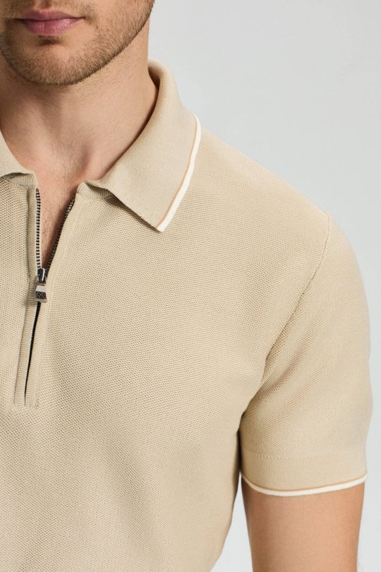 Fermuar Detaylı Bej Merserize Pamuk Triko Polo