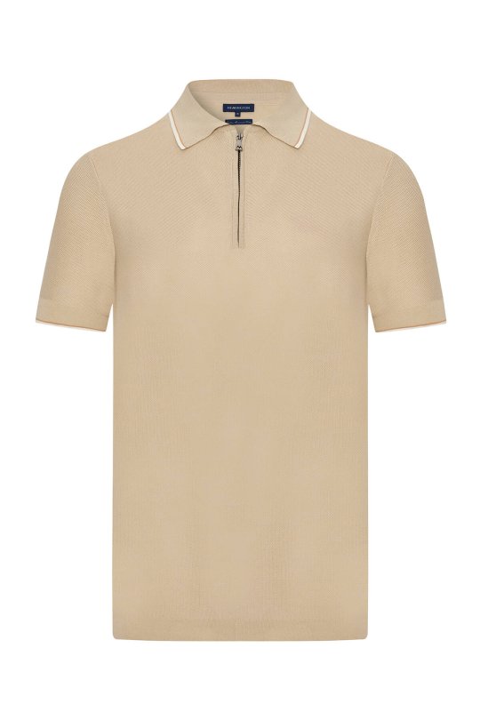 Fermuar Detaylı Bej Merserize Pamuk Triko Polo
