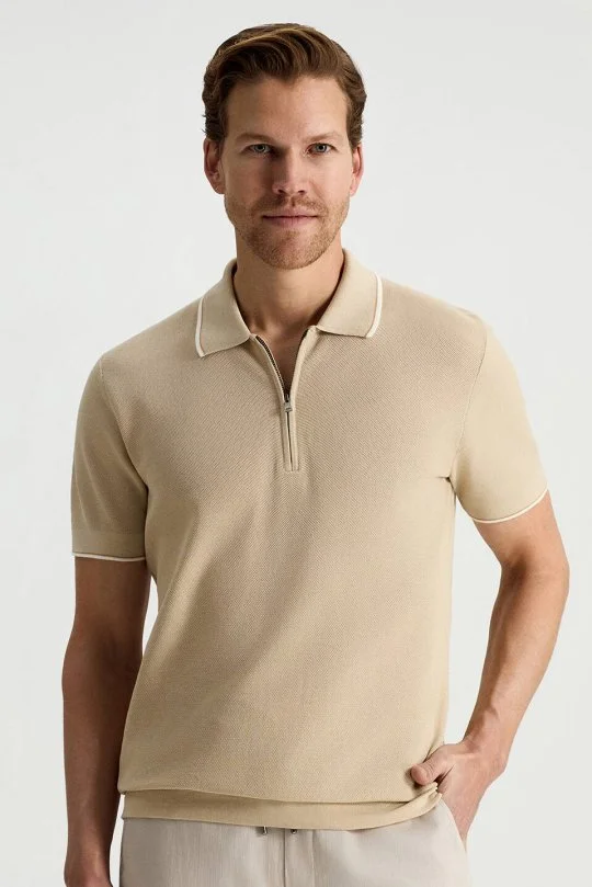 Hemington - Merserize Pamuk Fermuar Yaka Bej Triko Polo (1)