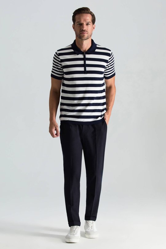 Fermuar Detaylı Beyaz Lacivert Çizgili Merserize Pamuk Triko Polo