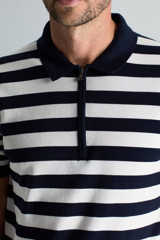 Fermuar Detaylı Beyaz Lacivert Çizgili Merserize Pamuk Triko Polo