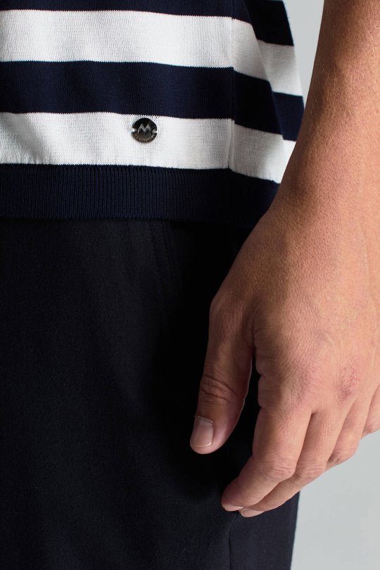 Fermuar Detaylı Beyaz Lacivert Çizgili Merserize Pamuk Triko Polo