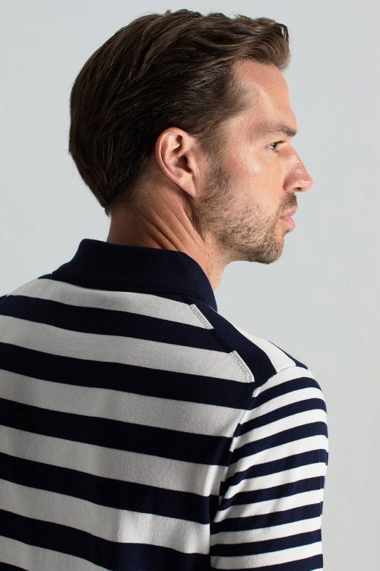 Fermuar Detaylı Beyaz Lacivert Çizgili Merserize Pamuk Triko Polo