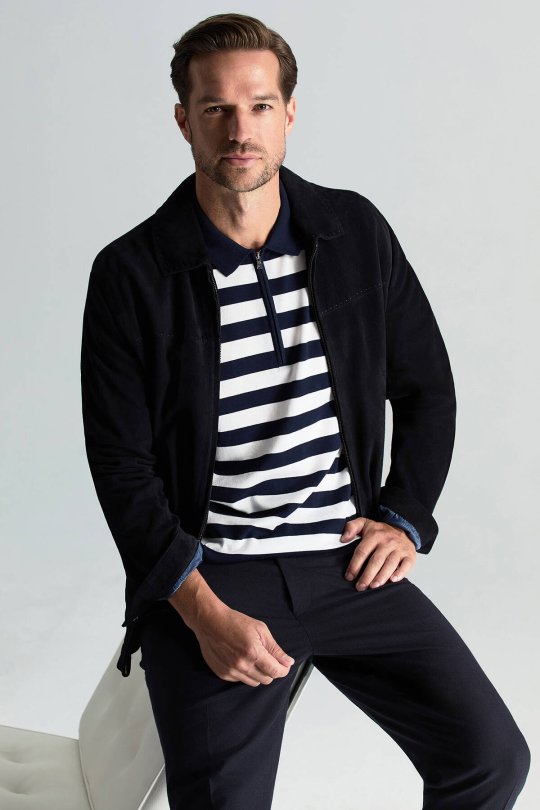 Fermuar Detaylı Beyaz Lacivert Çizgili Merserize Pamuk Triko Polo