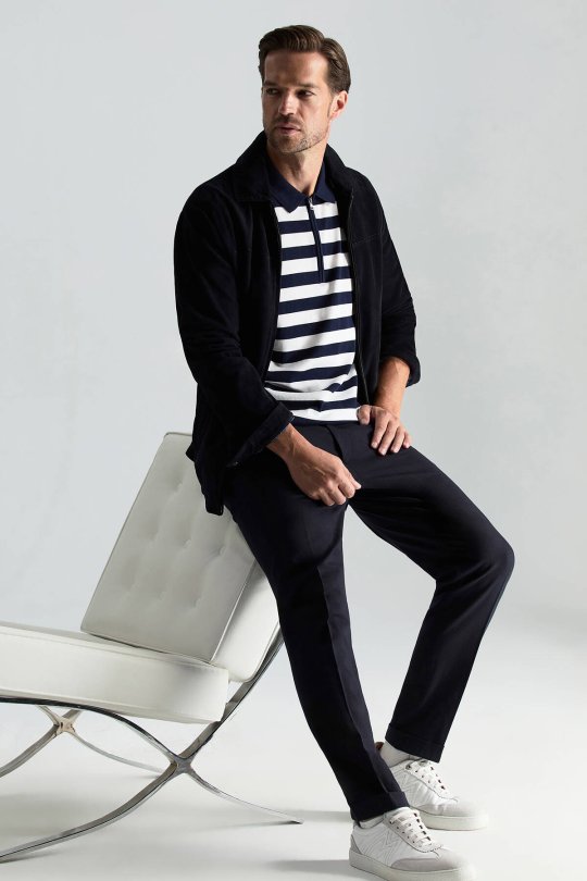 Fermuar Detaylı Beyaz Lacivert Çizgili Merserize Pamuk Triko Polo