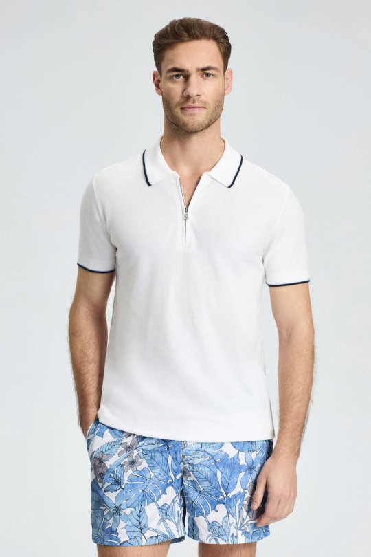 Fermuar Detaylı Beyaz Merserize Pamuk Triko Polo