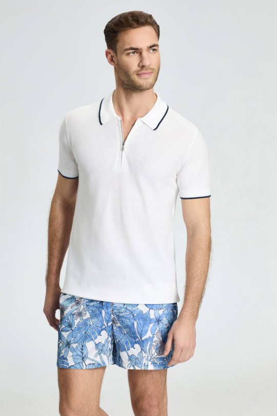 Fermuar Detaylı Beyaz Merserize Pamuk Triko Polo