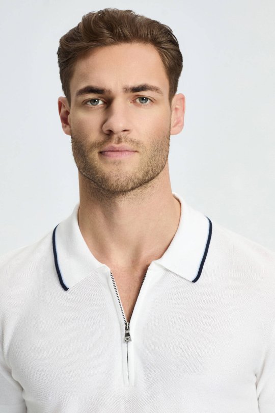 Fermuar Detaylı Beyaz Merserize Pamuk Triko Polo